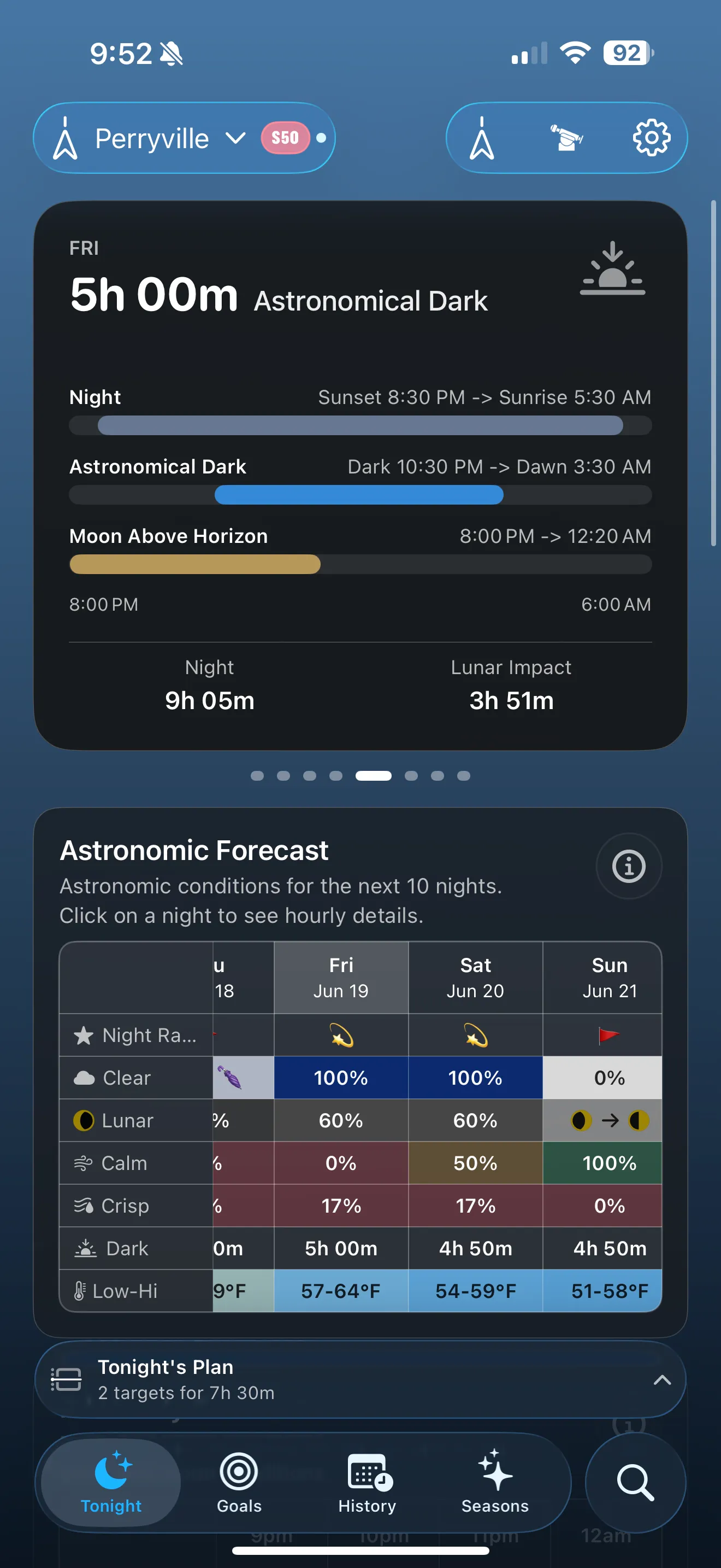 AstroGuide launch screen showing night planning context.