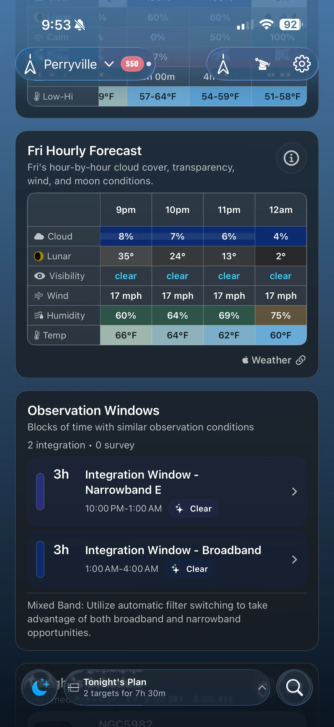 AstroGuide screen showing observing windows across the night.