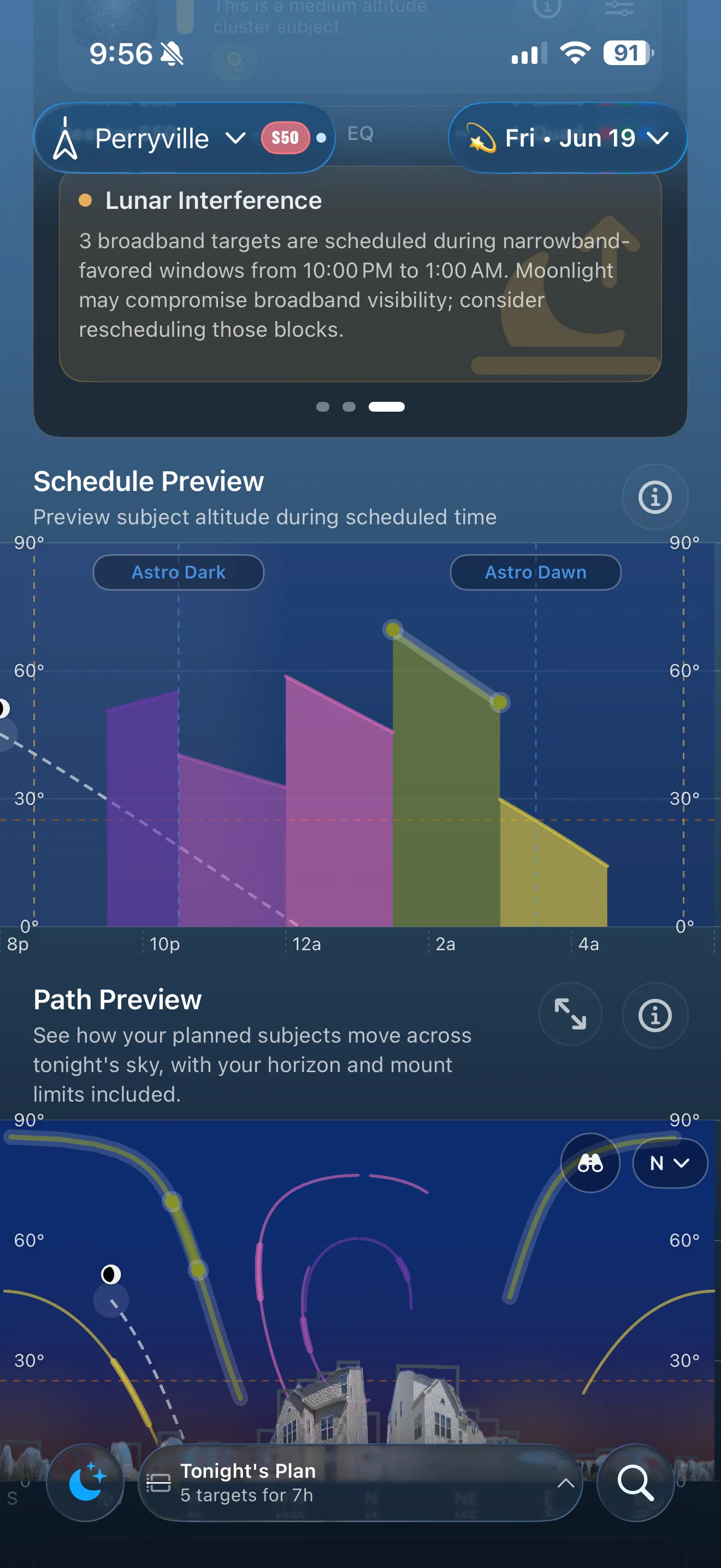 AstroGuide screen showing a subject path preview against sky context.