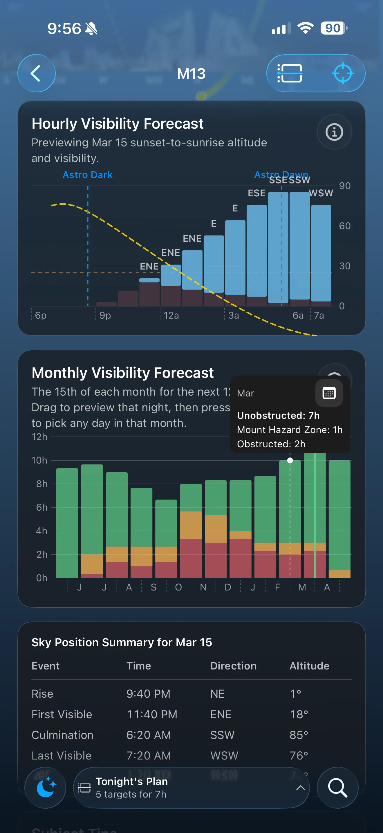 AstroGuide screen visualizing subject motion over time.
