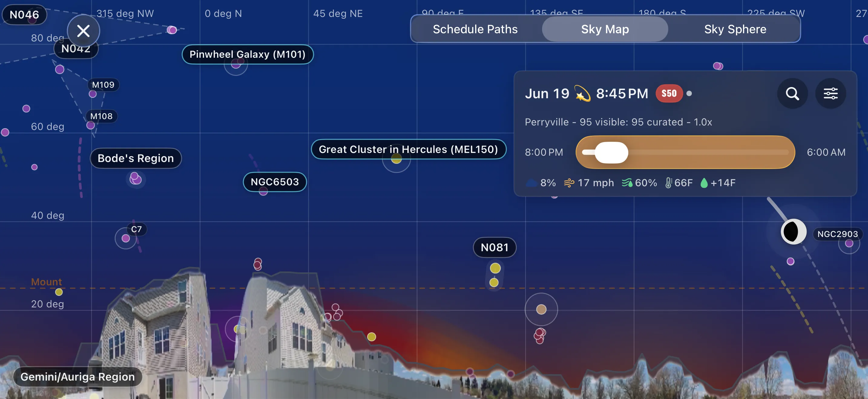 AstroGuide wide screen showing panorama and sky brightness context.