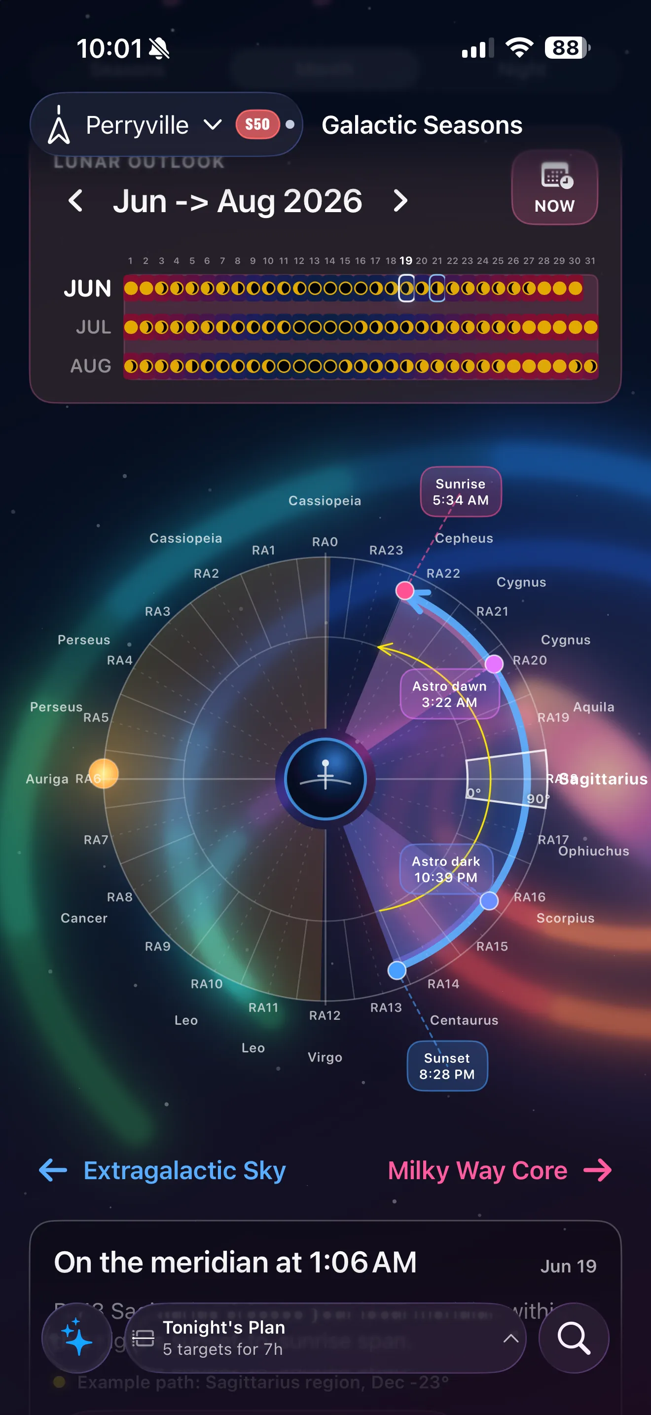 AstroGuide screen showing seasonal sky rhythm and visibility.