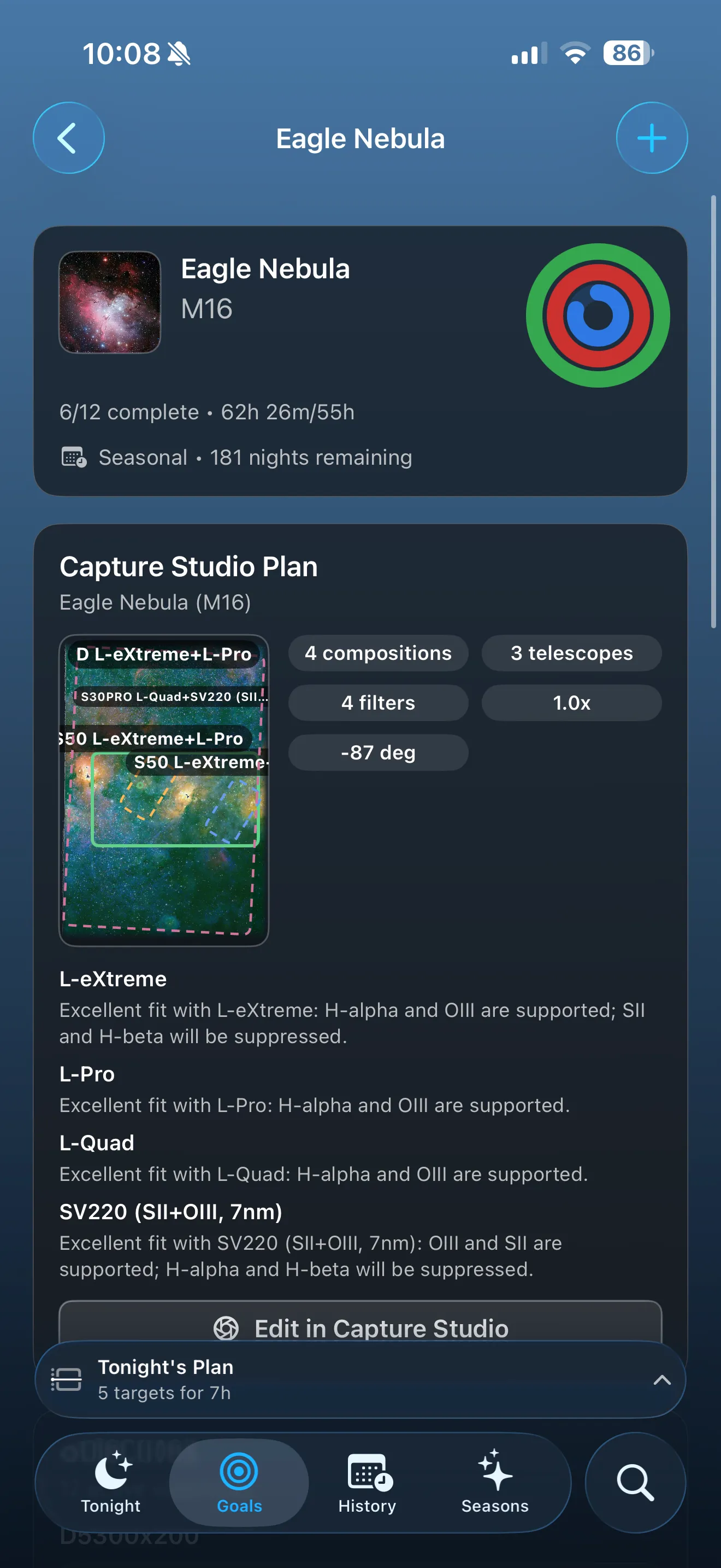 AstroGuide launch screen showing goals and objectives.