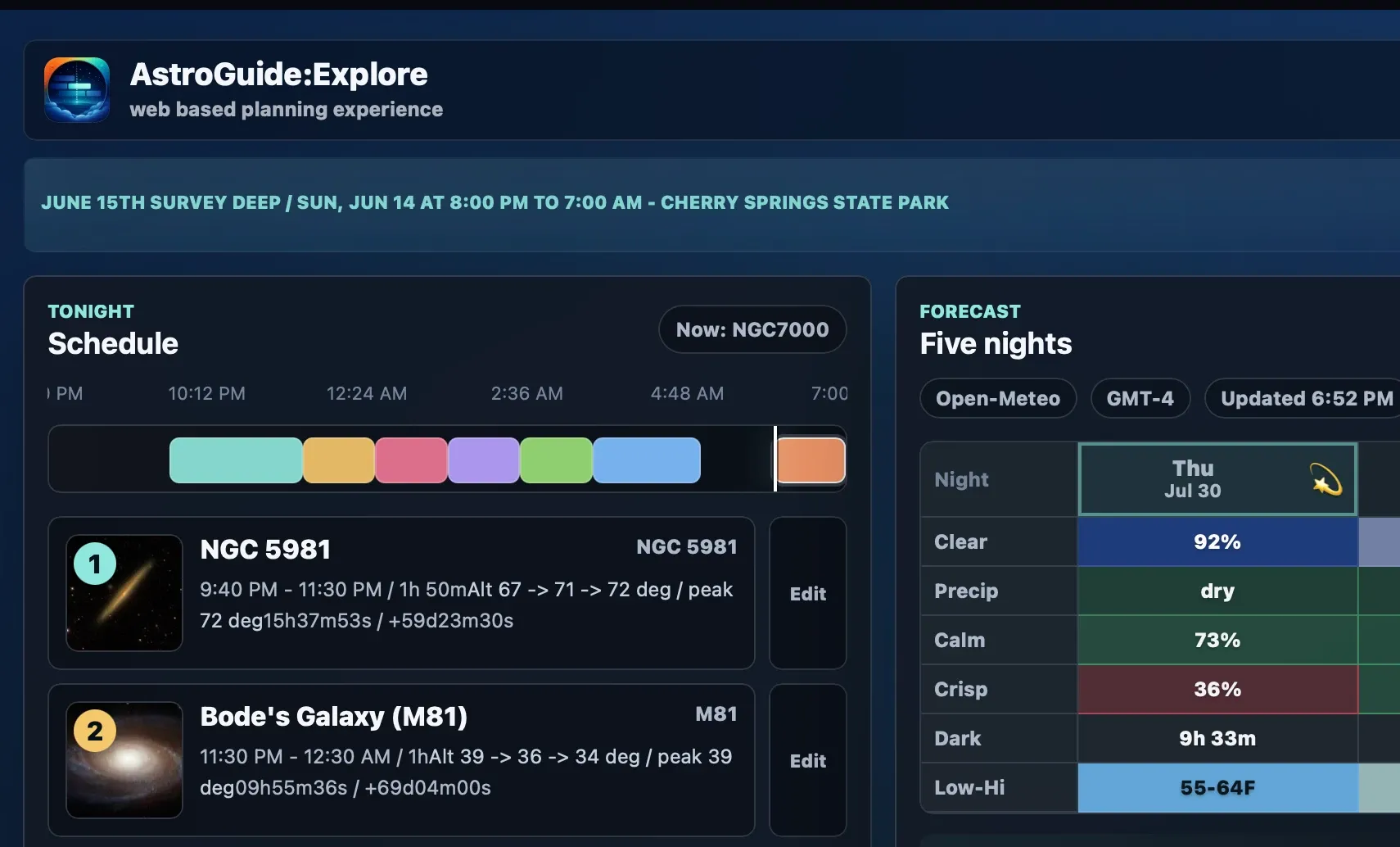 AstroGuide:Explore schedule and five-night forecast preview