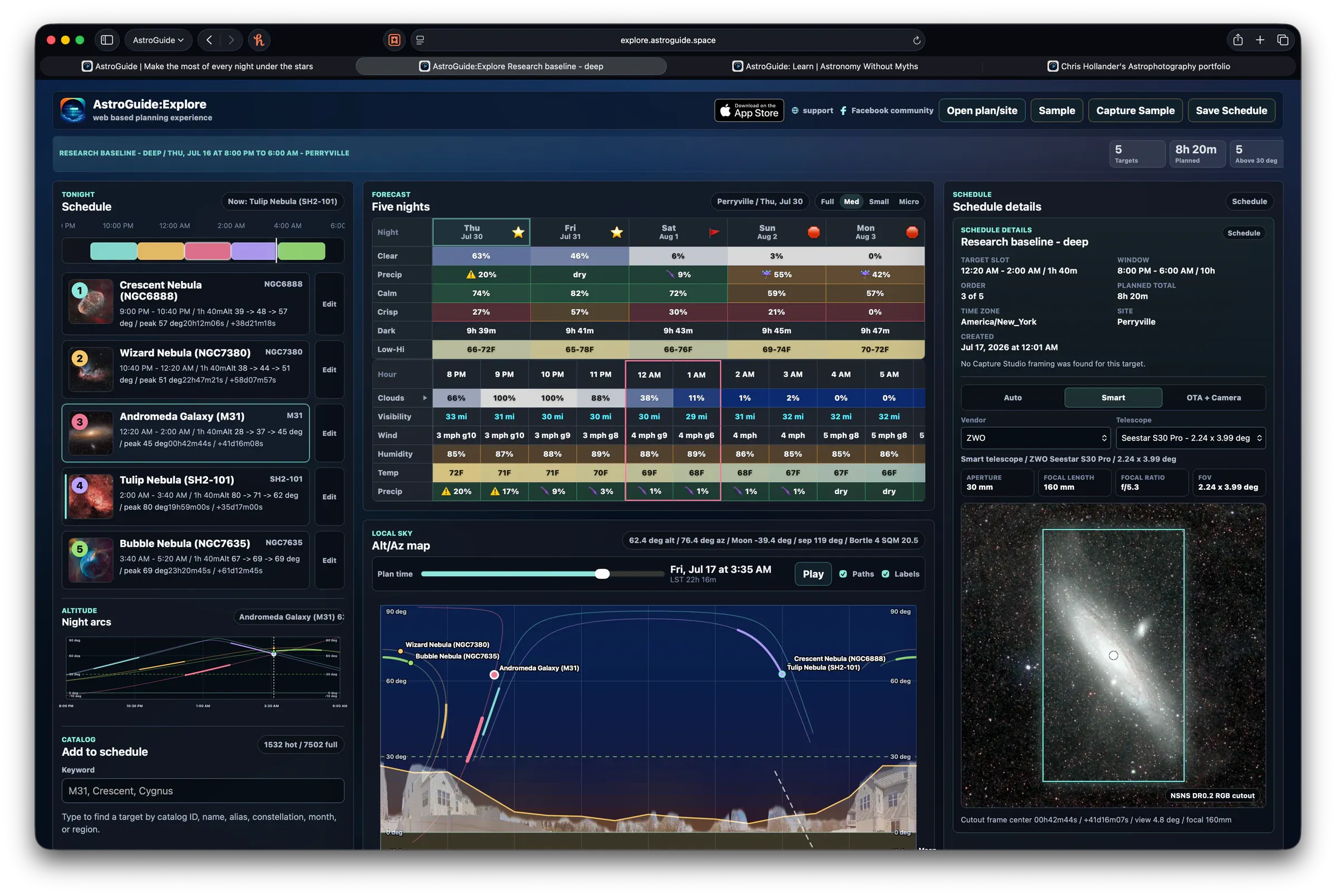 AstroGuide:Explore desktop dashboard showing a schedule, five-night forecast, sky paths, and framing preview
