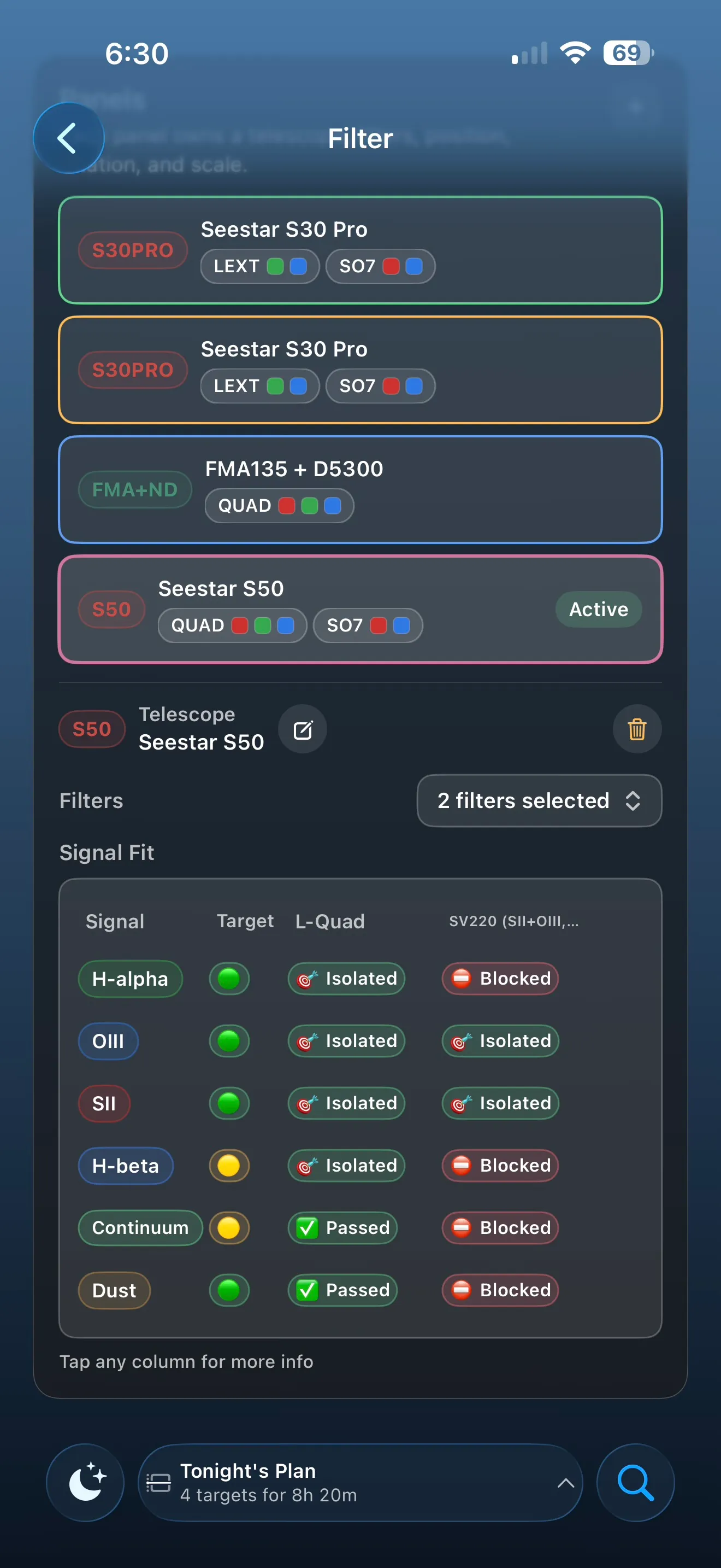 Filter Advisor signal fit table comparing nebula signal bands with selected filters.