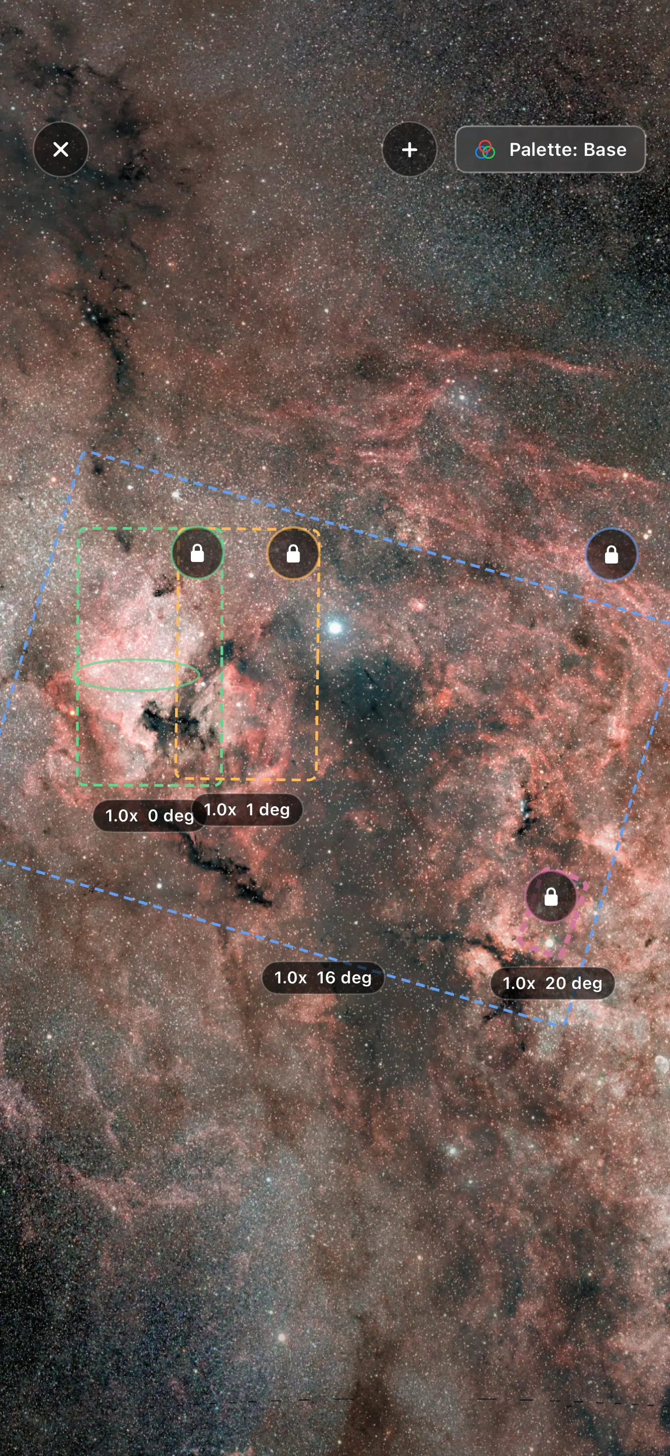 Full-screen Framing Advisor canvas showing a multi-panel composition over survey imagery.