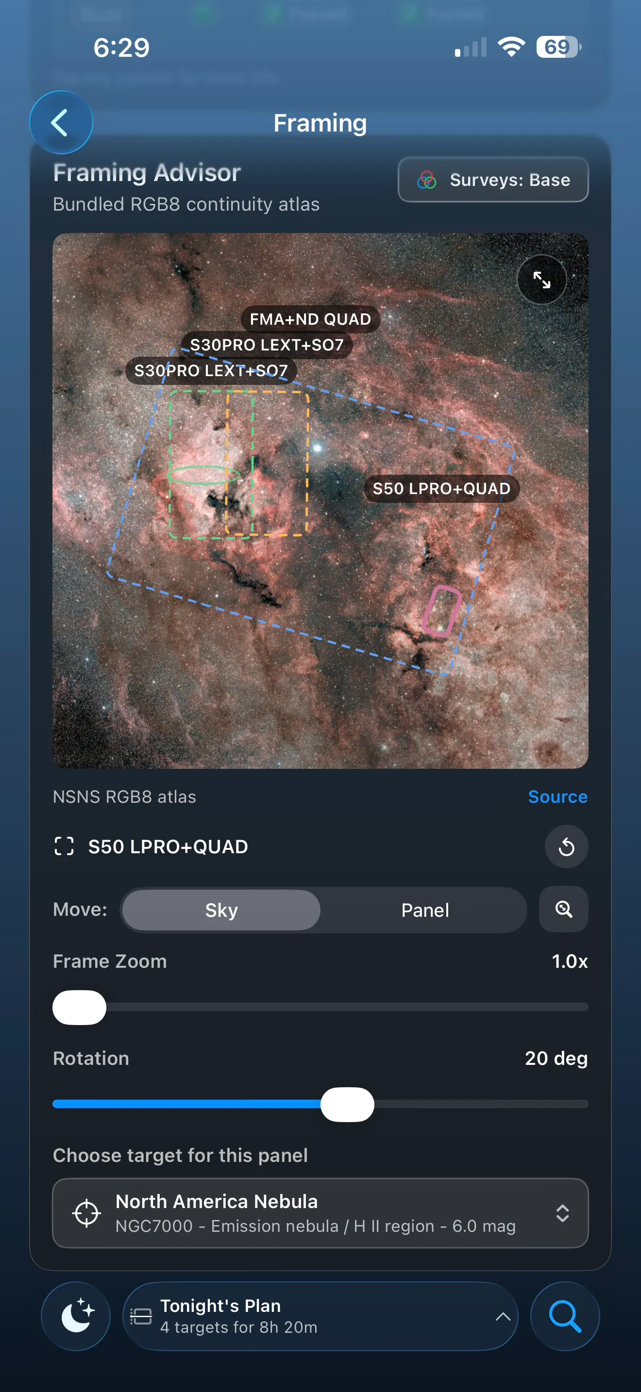 Framing Advisor preview with a deep-sky subject inside several telescope field-of-view rectangles.