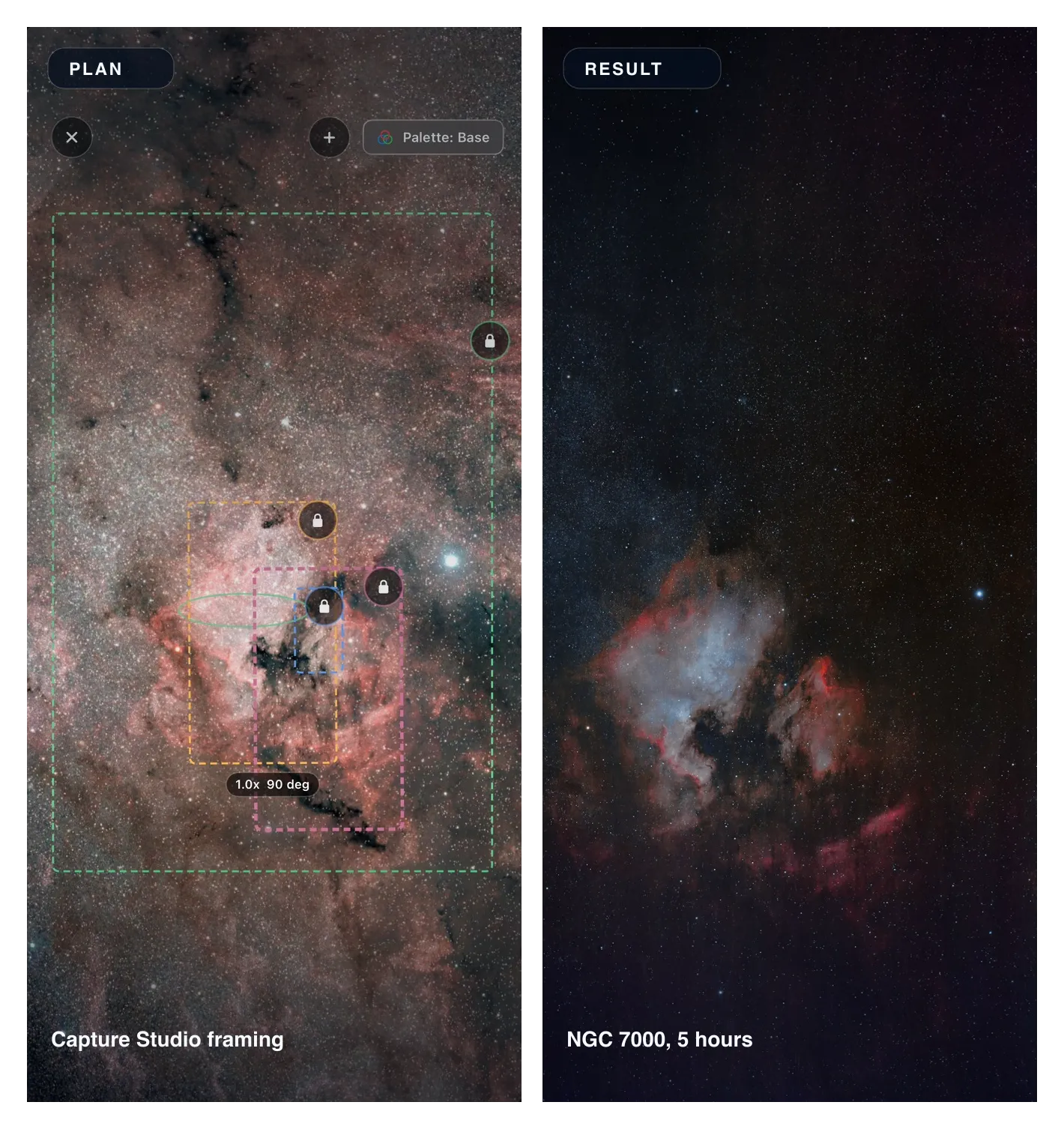 Side-by-side comparison of AstroGuide Capture Studio framing for NGC 7000 and a five-hour captured result of the same target.