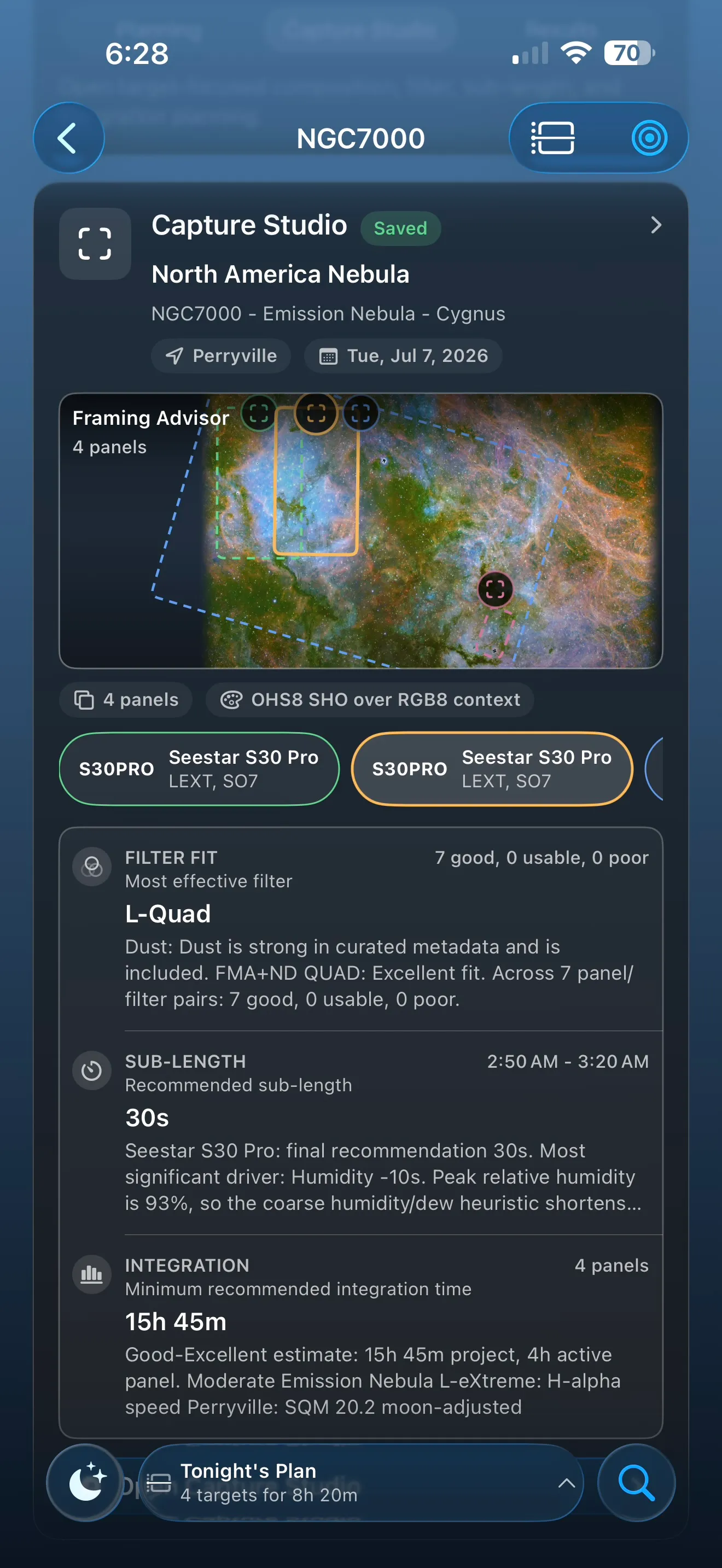 AstroGuide Capture Studio overview showing framing, filter, sub-length, and integration advisor cards.