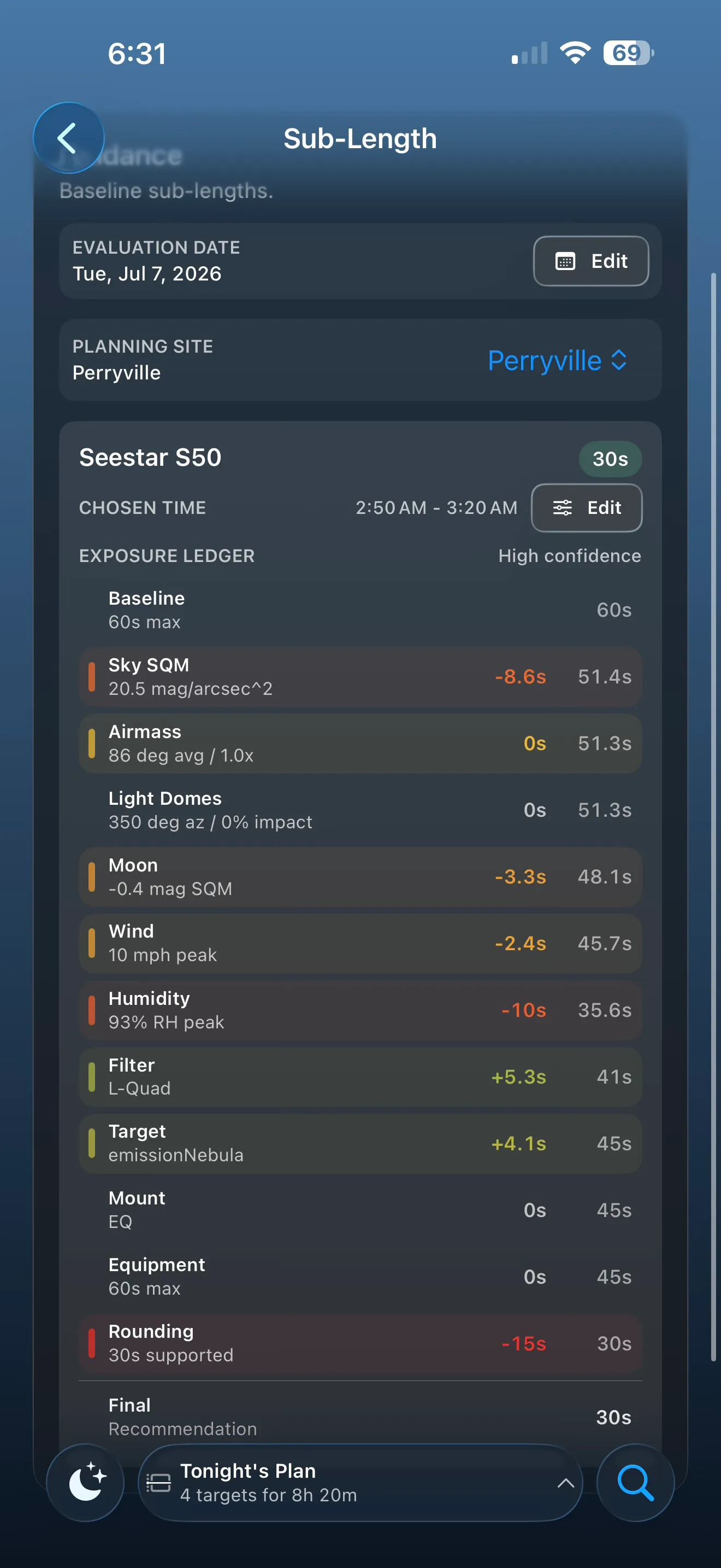 Sub-Length Advisor card showing a 30 second recommendation and ledger rows for sky, Moon, wind, humidity, target, and equipment.
