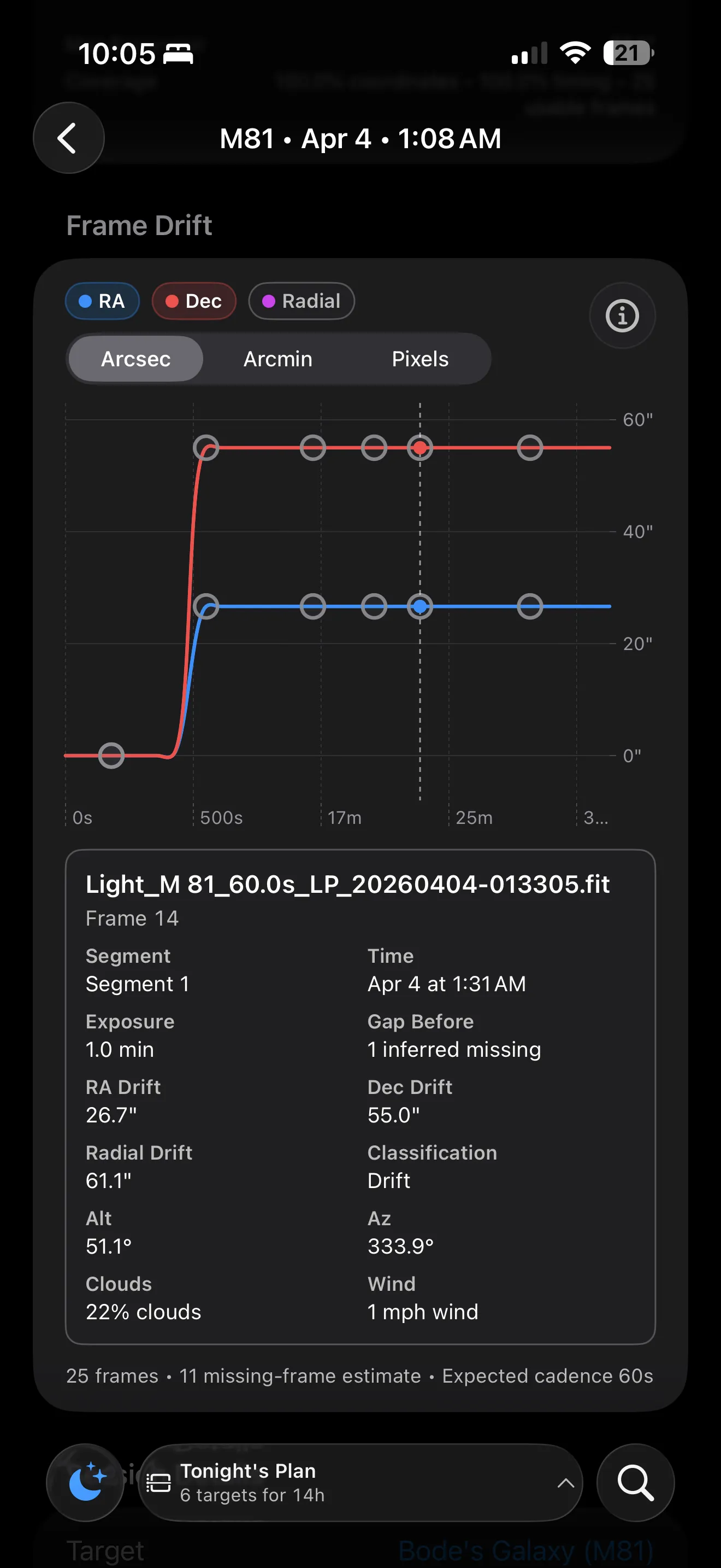 AstroGuide frame drift and diagnostics screen