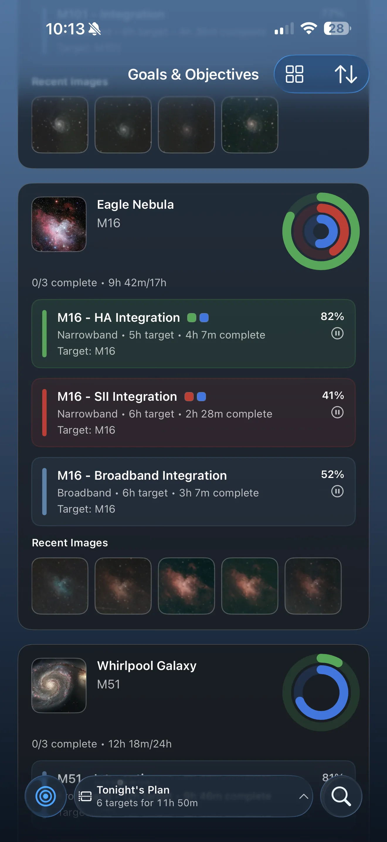 AstroGuide goals and objectives screen
