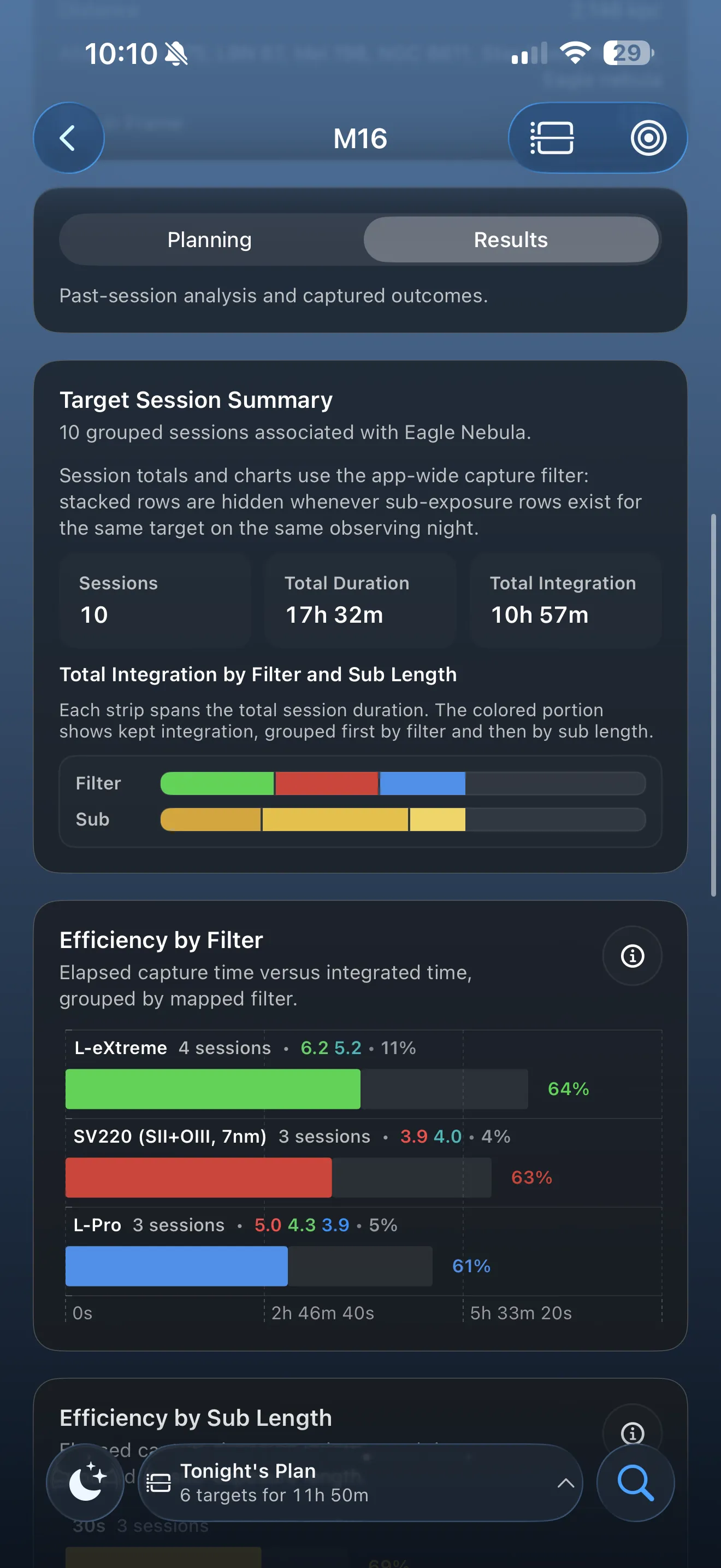 AstroGuide session summary screen
