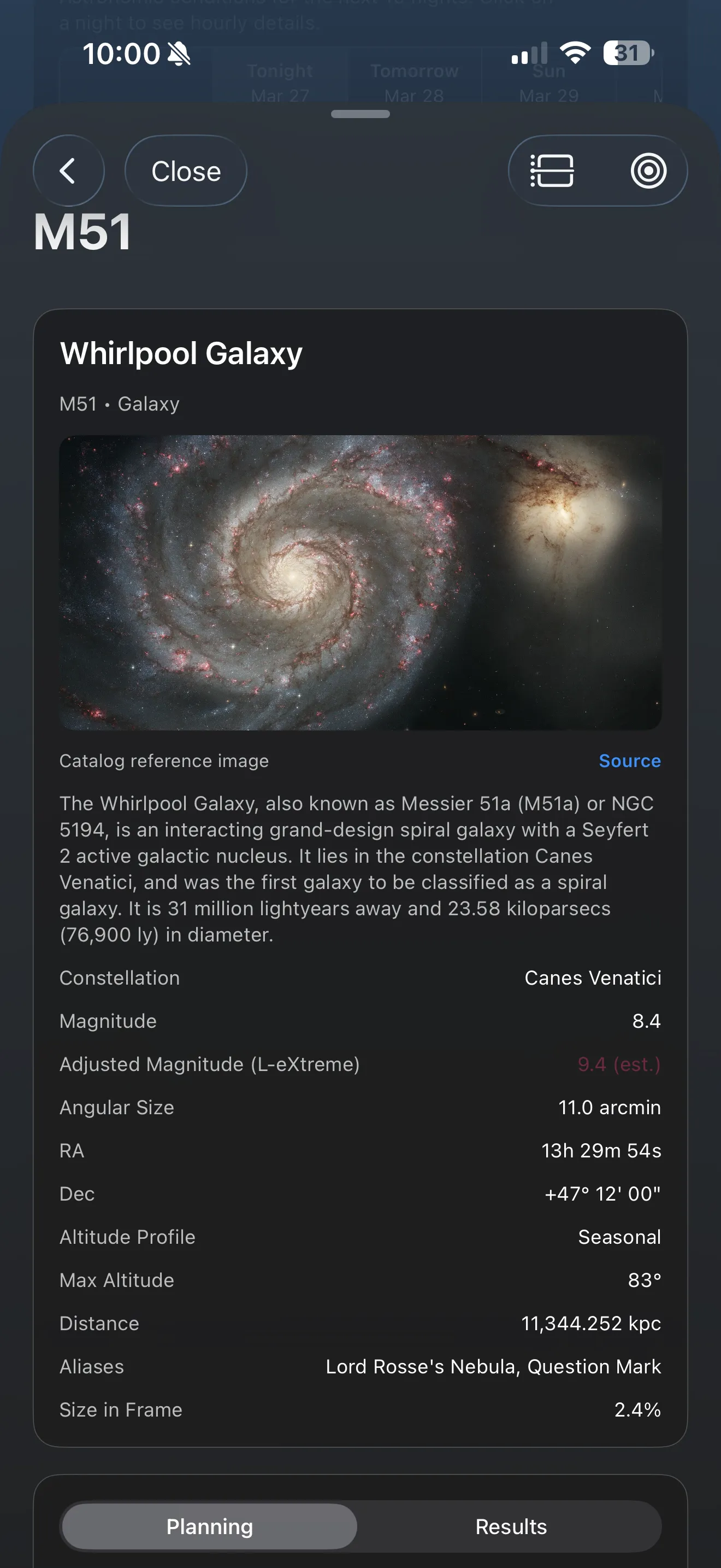 AstroGuide subject detail screen