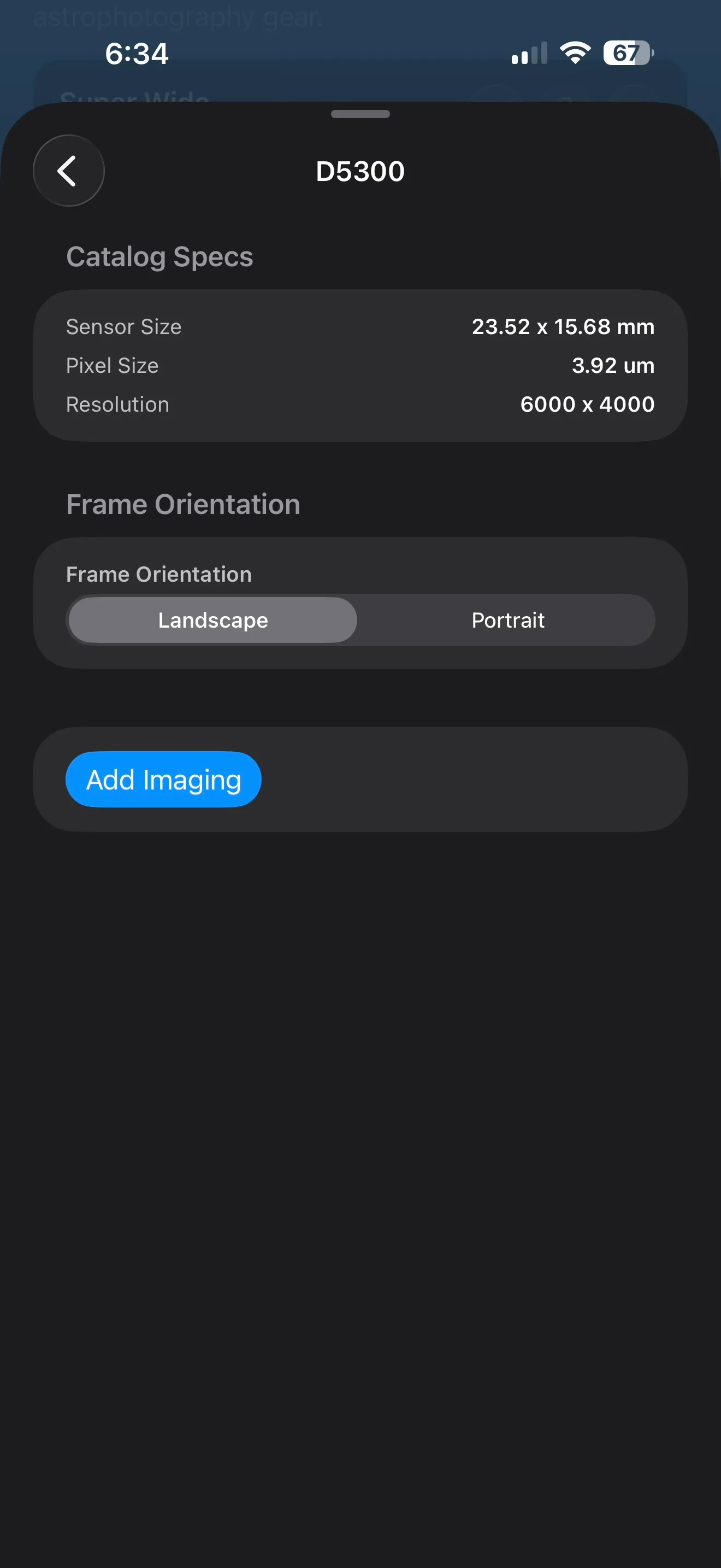 Camera detail screen for a Nikon D5300 showing catalog specs and a landscape or portrait frame orientation control.