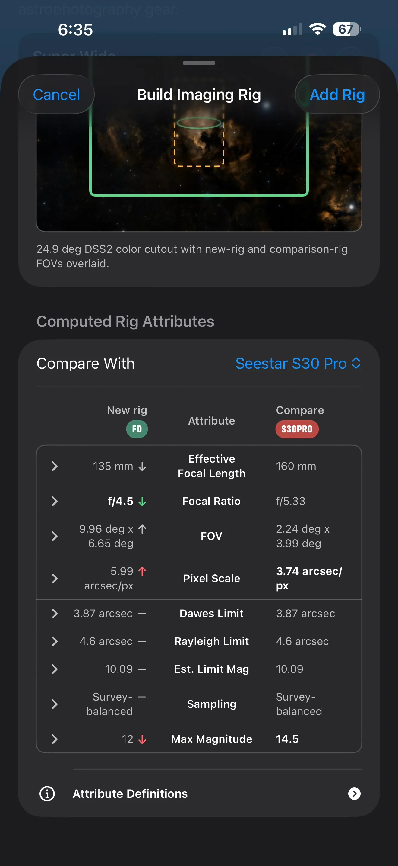 Telescope Workshop comparison table comparing a new rig against a Seestar S30 Pro across focal length, focal ratio, field of view, pixel scale, optical limits, sampling, and magnitude.
