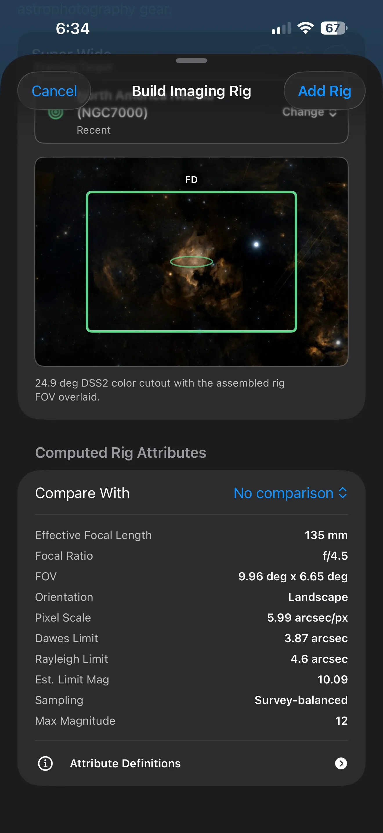 Computed Rig Attributes section showing effective focal length, focal ratio, field of view, pixel scale, optical limits, sampling, and max magnitude.