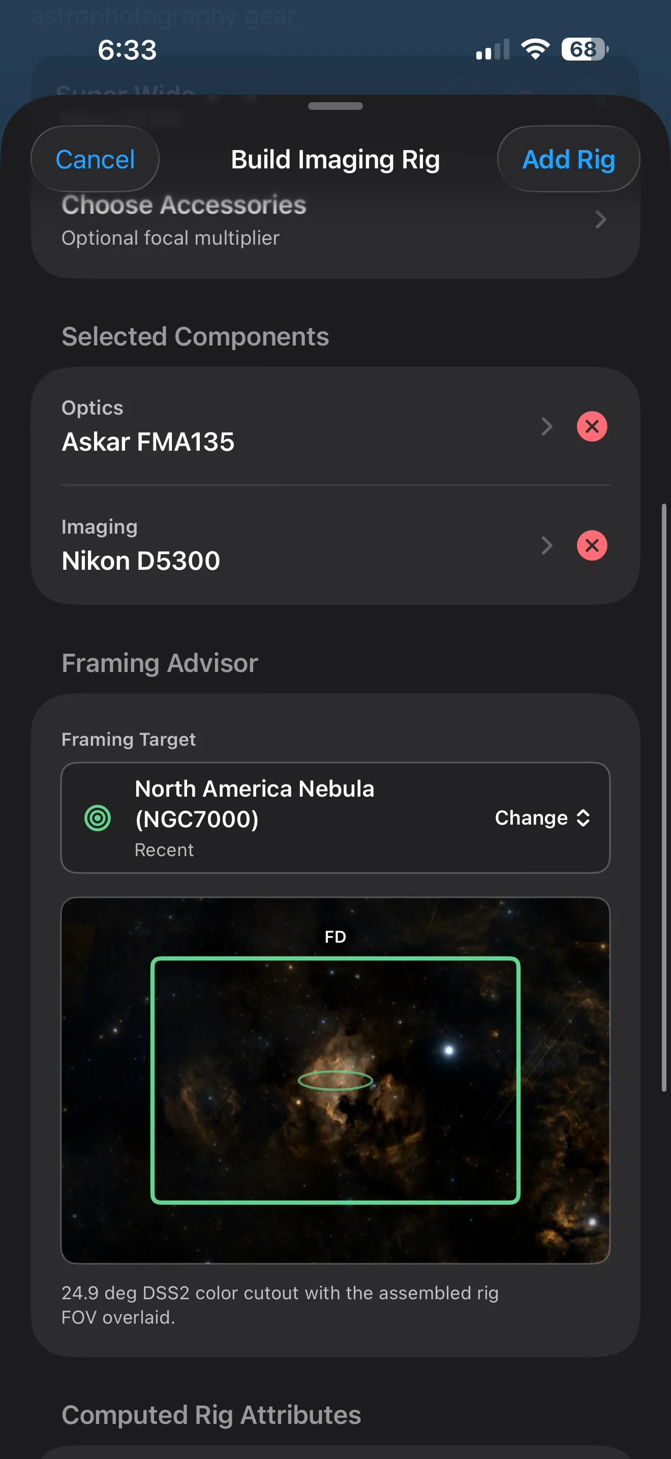 Completed Telescope Workshop preview showing selected optics, selected camera, and a framing preview for the North America Nebula.