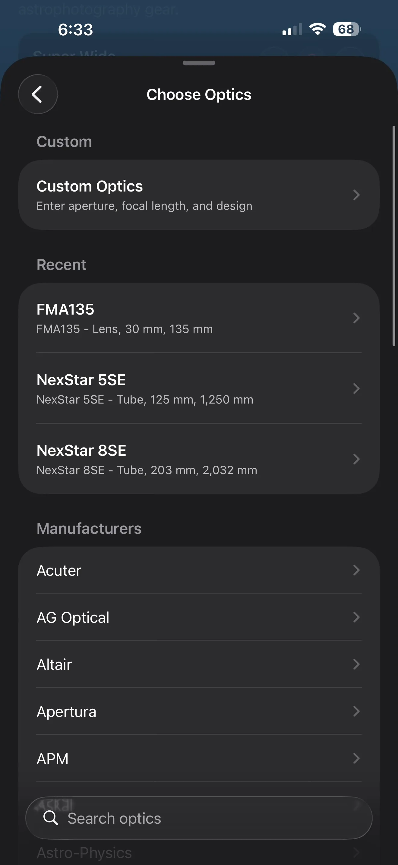 Telescope Workshop optics picker showing a custom optics option, recent optics, manufacturers, and search.