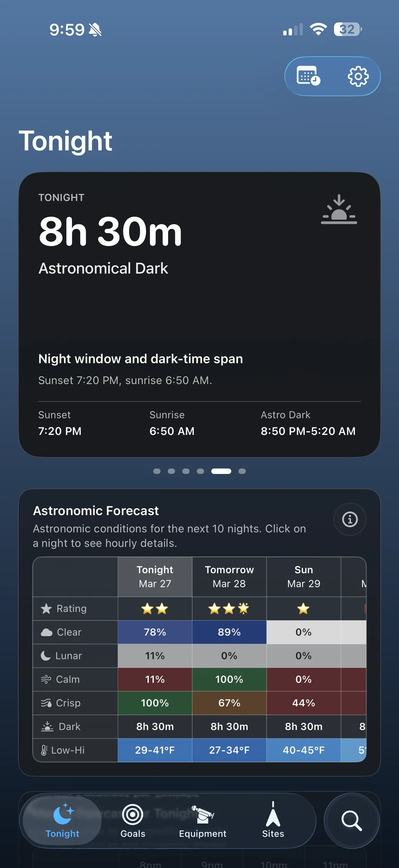AstroGuide Tonight overview screen