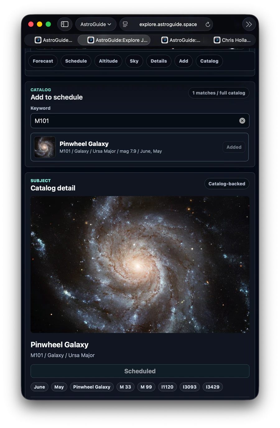 AstroGuide:Explore catalog search for M101 with Pinwheel Galaxy subject details
