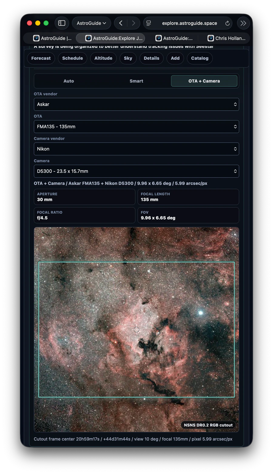 AstroGuide:Explore framing preview for an Askar FMA135 and Nikon D5300