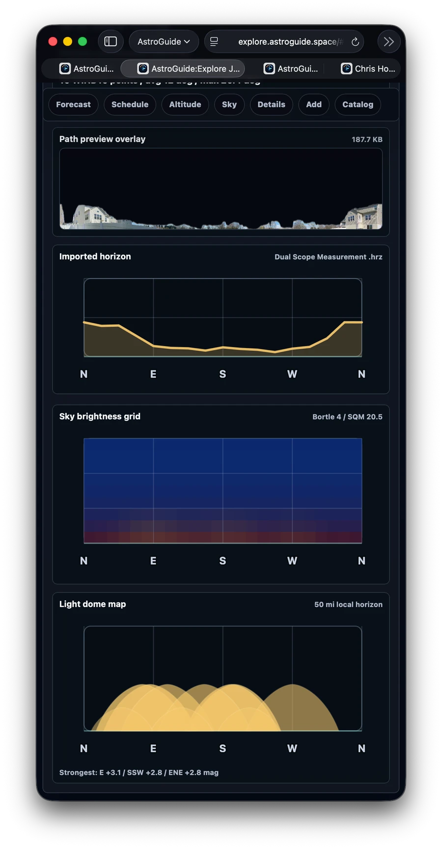 AstroGuide:Explore site analysis with an imported horizon, sky brightness grid, and local light-dome map